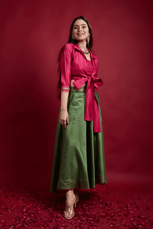 Tie Warp Blouse with Stylized High Low Lehanga Set in Pink & Olive Green Chanderi Handloom (Set of 3)