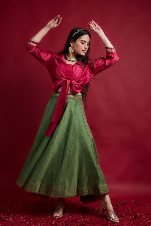 Tie Warp Blouse with Stylized High Low Lehanga Set in Pink & Olive Green Chanderi Handloom (Set of 3)