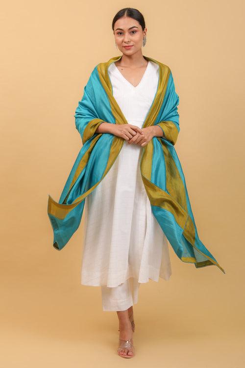 Chanderi Dupatta In Aqua Blue With Lime Yellow Border