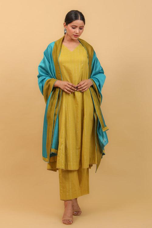 Chanderi Dupatta In Aqua Blue With Lime Yellow Border