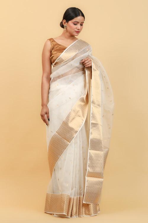 White & Gold Handwoven Katan Silk Saree with Jacquard Border & Motifs