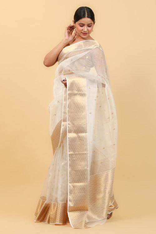 White & Gold Handwoven Katan Silk Saree with Jacquard Border & Motifs