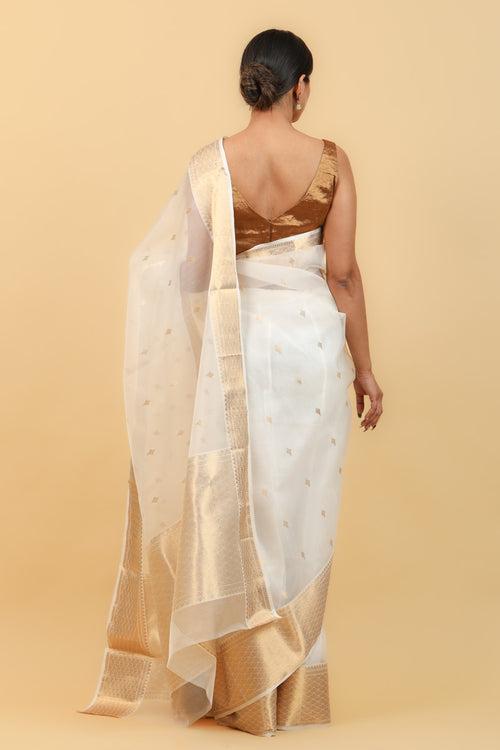 White & Gold Handwoven Katan Silk Saree with Jacquard Border & Motifs