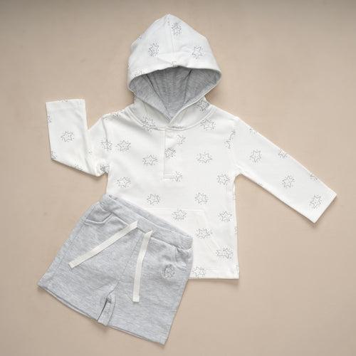 Dr Leo Kidswear T-SHIRT HOOD & SHORTS -GREY MELANGE AND WHITE