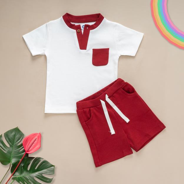 Dr Leo Kidswear Tshirt and Shorts- White and Red Combo