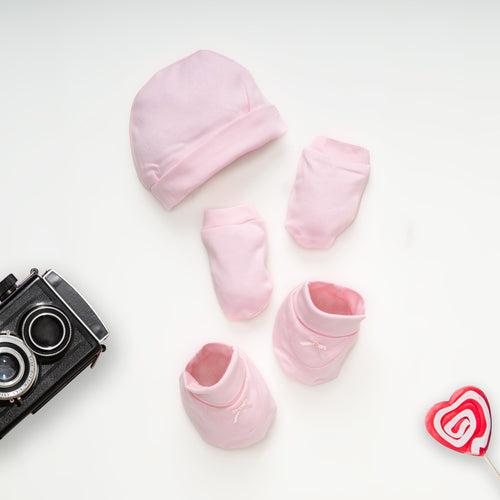 Premium cotton mittens, cap, and booties set - Pink