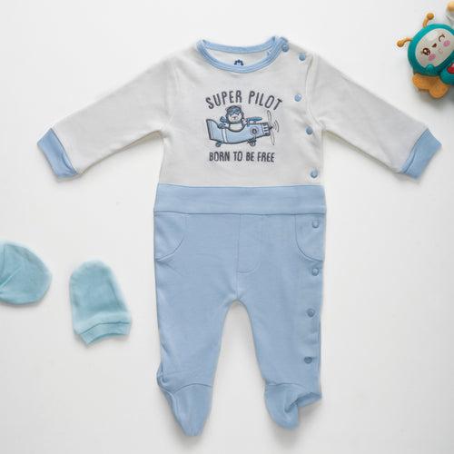 Sleepsuit with cut and shoe - Light Blue and Off-white