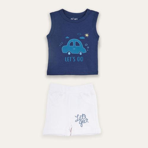 Dr.Leo Sleeveless T-shirt with Shorts - White & Blue Combo