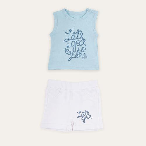 Dr.Leo Sleeveless T-shirt with Shorts - White & Light Blue Combo