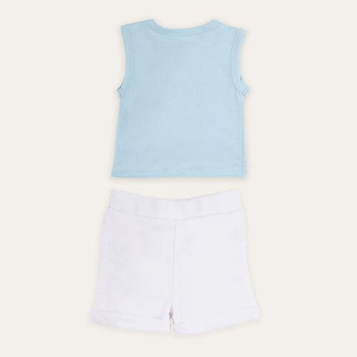 Dr.Leo Sleeveless T-shirt with Shorts - White & Light Blue Combo