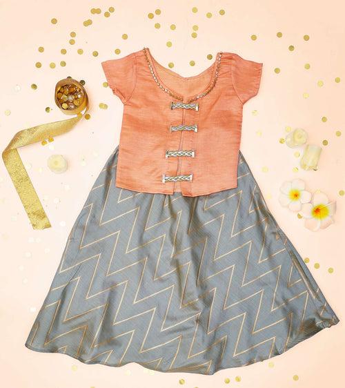 Girls - PEACH TOP WITH BROCADE SKIRT