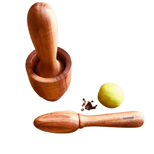 Little Sous Chef's Real Kitchen Tools - Wooden Citrus Fruit Juicer & Wooden Mortar & Pestle
