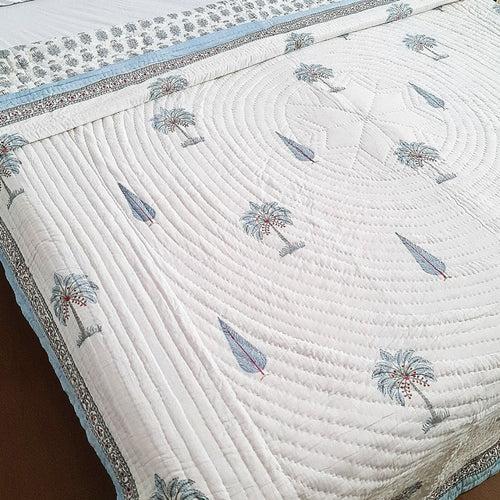 Bluish Grey Cypress Motif Hand Blocked Quilt