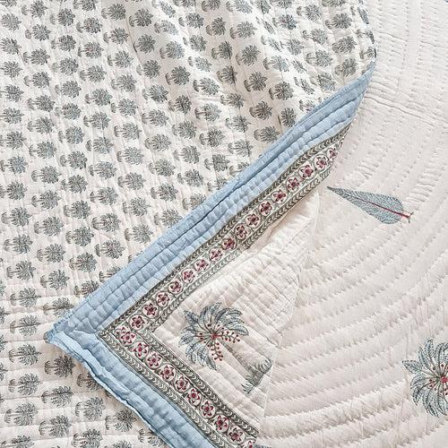 Bluish Grey Cypress Motif Hand Blocked Quilt