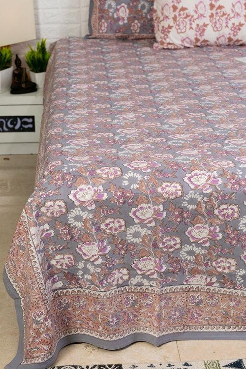 Lavender and Grey Kalamkari Pattern Blockprint Bedsheet