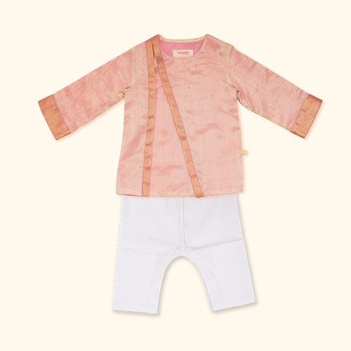 Baby Boy Maheshwari Handwoven Cotton Silk Short Kurta & Pant Set - Peony