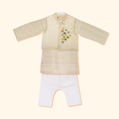 Baby Boy Maheshwari Handwoven Cotton Silk Kurta, Bundi & Pant Set - Madhav