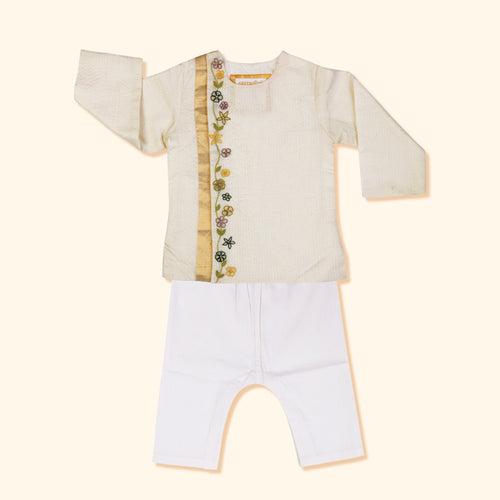 Baby Boy Maheshwari Handwoven Cotton Silk Short Kurta & Pant Set - Gulshan