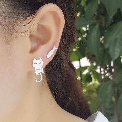 HauteOrnaments®️ Cute Cat Earrings - Funny Silver Stud Earrings for Women