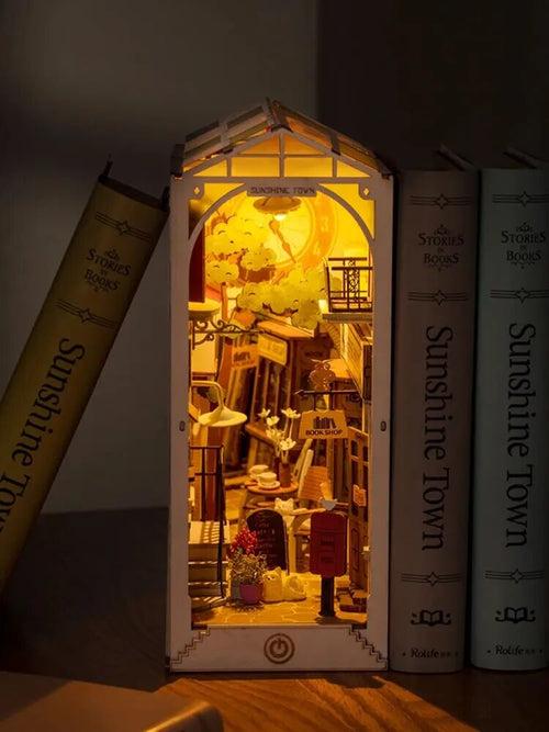 Mythifrost®️ Miniature Book Nook - 3D Wooden Bookshelf Decor ( Sunset Alley Edition )