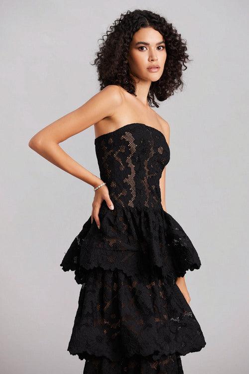 Black Floral Lace Layered Tube Midi Dress