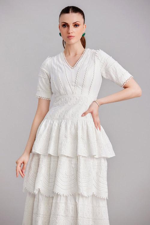 White Layered Linen And Lace Midi Dress