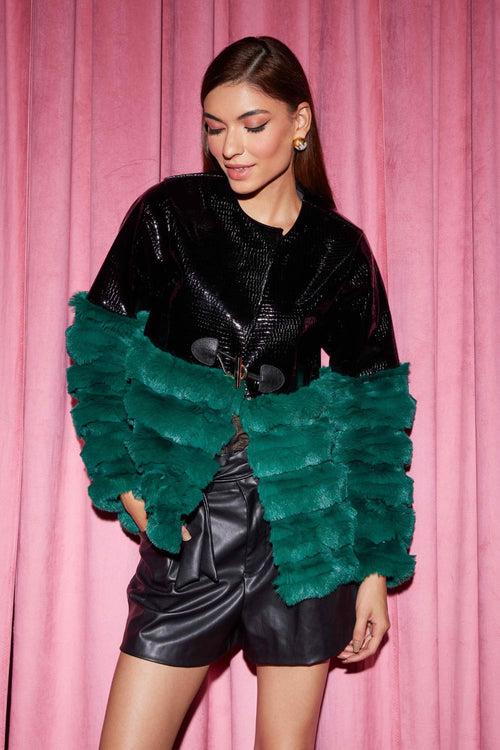 Black Embossed Leather and Green Fur Jacket