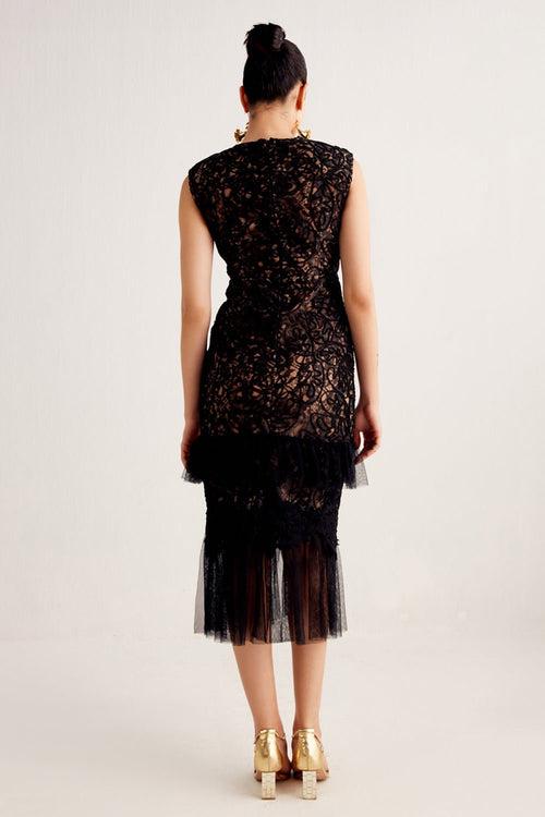 Black Lace And Tulle Midi Dress