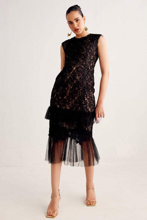 Black Lace And Tulle Midi Dress