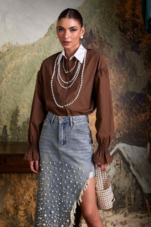 Brown Pearl Beaded Shirt