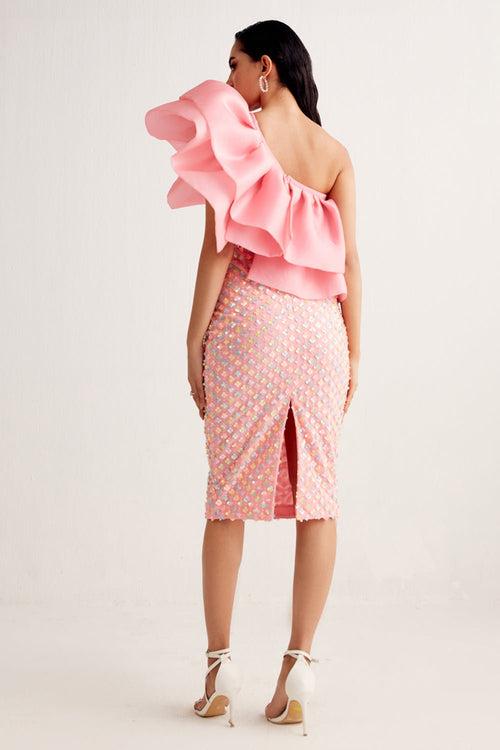 Powder Pink Sequin And Organza Midi Dress