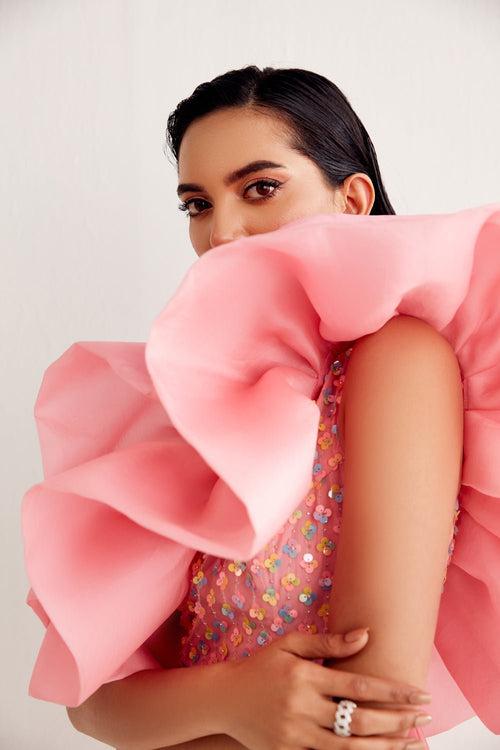 Powder Pink Sequin And Organza Midi Dress