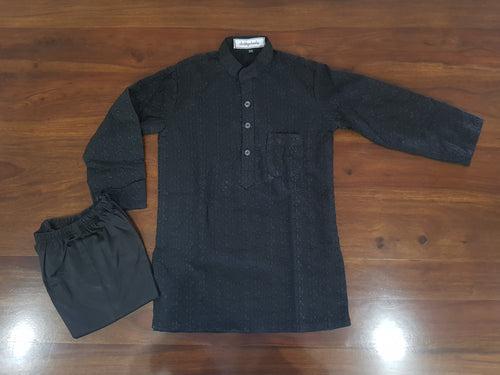 Thread Embroidery on Pure Cotton Kurta-Pajama Set | Black