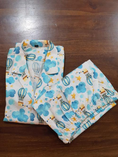 Super Soft Cotton Night Suit | Clouds & Air Balloon Print