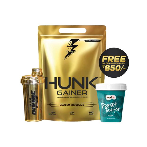 5kg HUNK GAINER + PEANUT BUTTER 500gm & GOLD SHAKER