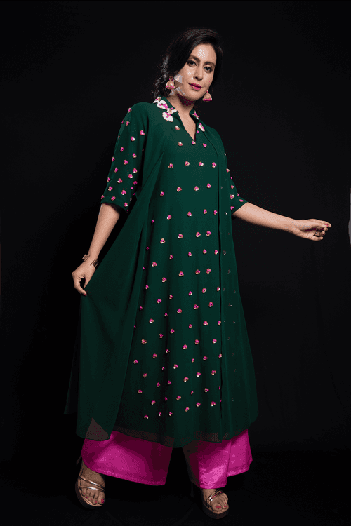 Pleated Floral Green Kurta with Hot Pink Palazzo