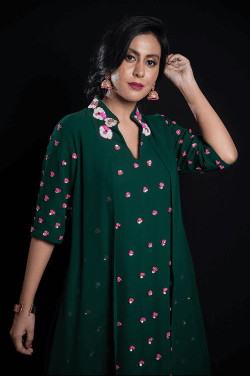 Pleated Floral Green Kurta with Hot Pink Palazzo