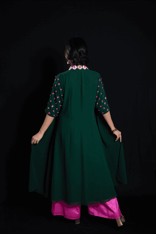 Pleated Floral Green Kurta with Hot Pink Palazzo