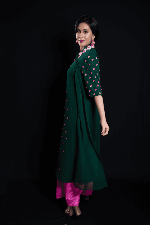 Pleated Floral Green Kurta with Hot Pink Palazzo