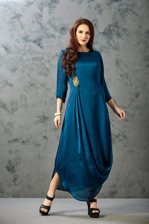 Peacock Blue Round Neckline Dress