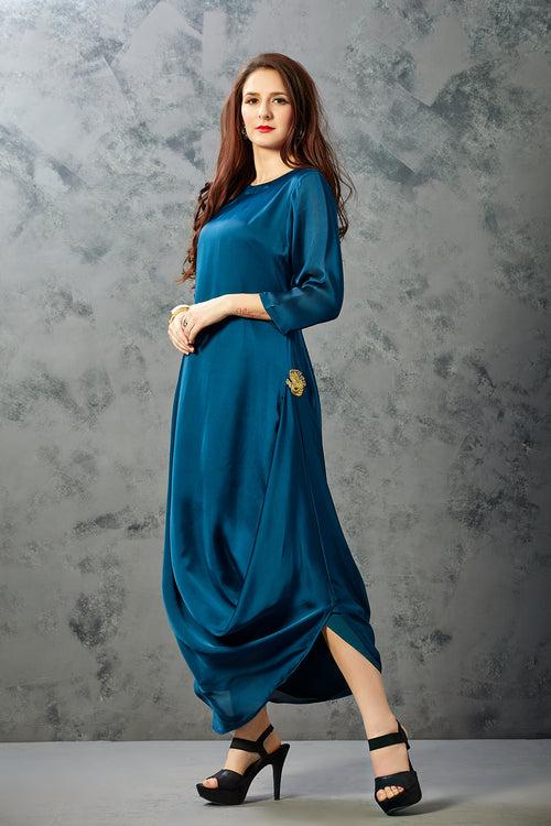 Peacock Blue Round Neckline Dress