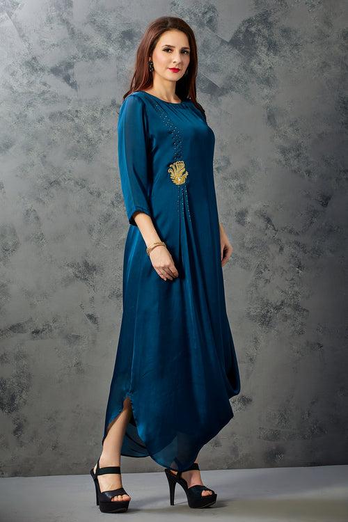 Peacock Blue Round Neckline Dress