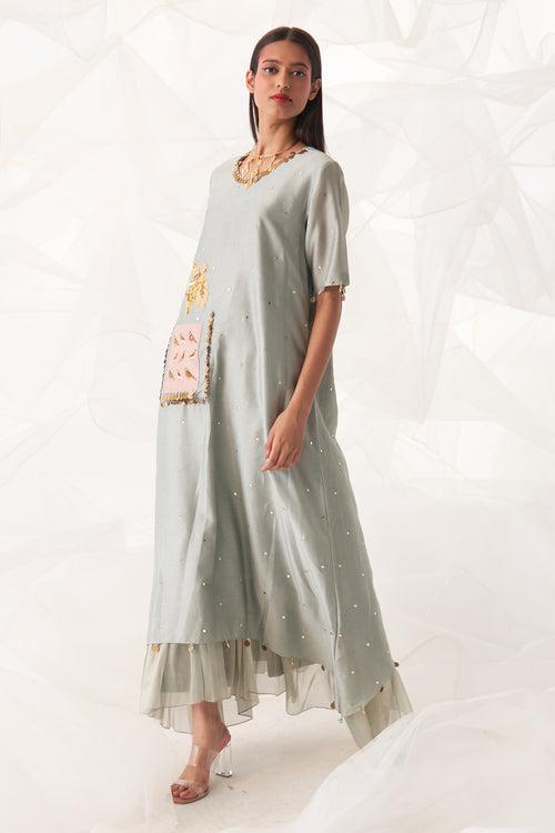 ASYMMETRIC EMBELLISHED POCKET KURTA SET