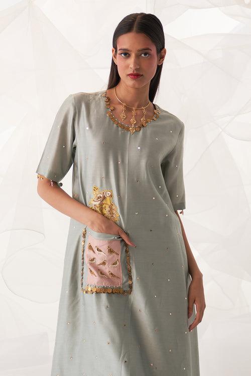 ASYMMETRIC EMBELLISHED POCKET KURTA SET