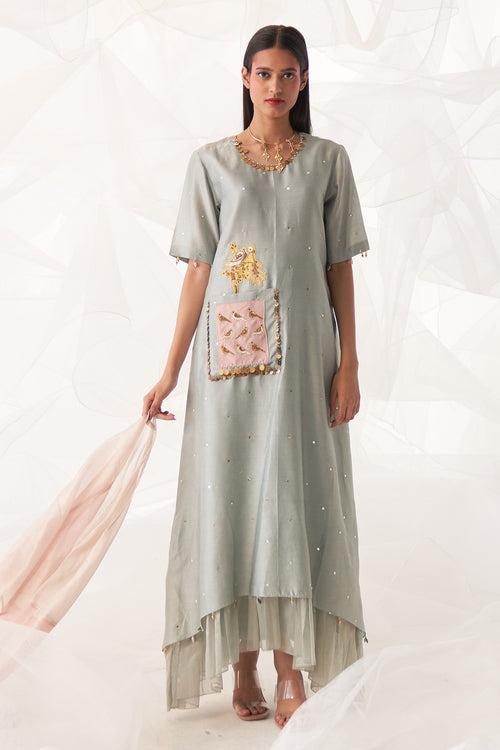 ASYMMETRIC EMBELLISHED POCKET KURTA SET