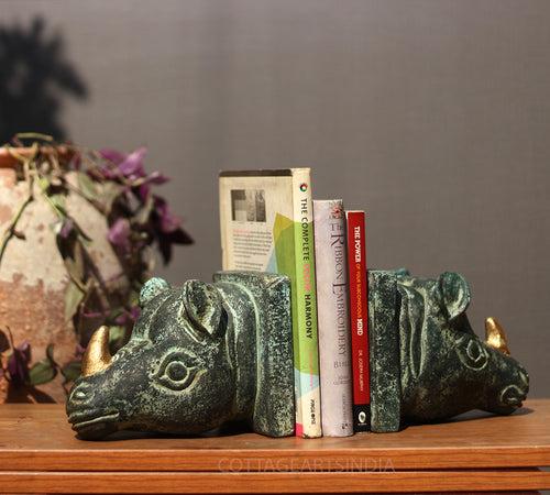 Wooden Book-Ends Rustic Rhino Head - Rare Find