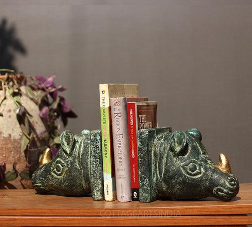 Wooden Book-Ends Rustic Rhino Head - Rare Find