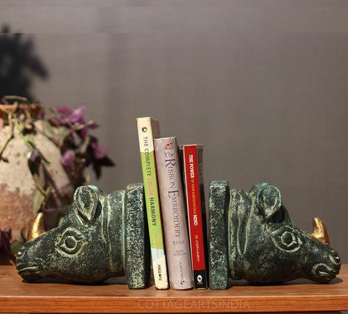 Wooden Book-Ends Rustic Rhino Head - Rare Find