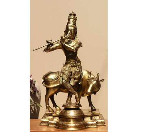 Idol of Brass krishna and Cow Statue 25.5"