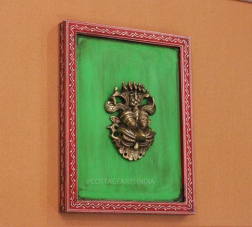 Brass Kirti Mukha Wall Mask Wooden Frame